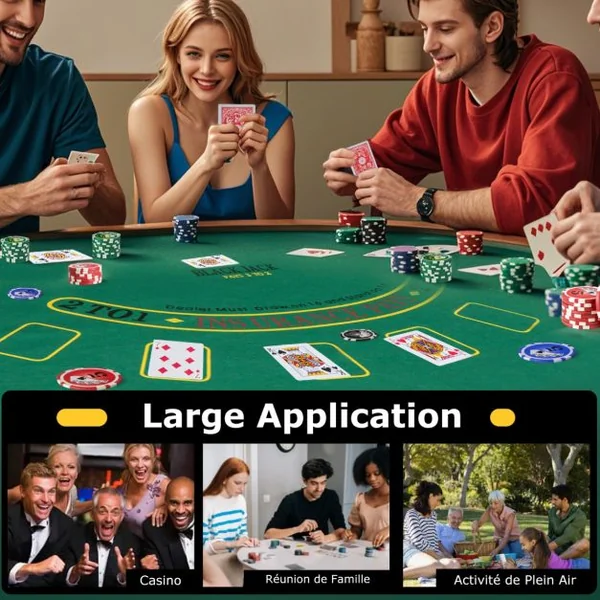 Jeu de Jetons de Poker Texas Hold’em 400 Jetons de Poker de Casino 2 Jeux de Cartes Jeton de Croupier 5 Dés Tapis Feutre Mallette Noir