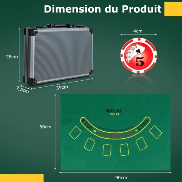 Jeu de Jetons de Poker Texas Hold’em 400 Jetons de Poker de Casino 2 Jeux de Cartes Jeton de Croupier 5 Dés Tapis Feutre Mallette Noir