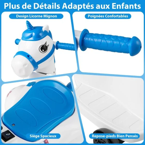Jouet à Chevaucher Licorne 12 V avec Roues d'Entraînement Musique Démarrage à un Bouton et Affichage LED Rose Rouge/Bleu