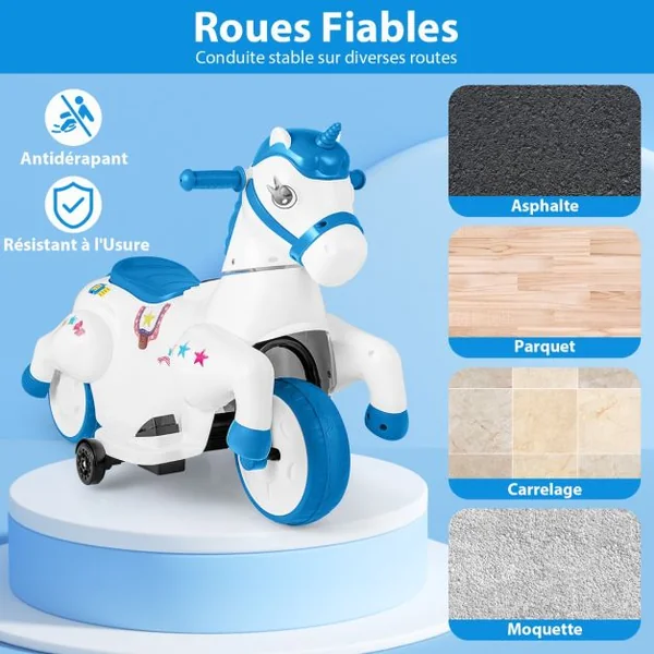 Jouet à Chevaucher Licorne 12 V avec Roues d'Entraînement Musique Démarrage à un Bouton et Affichage LED Rose Rouge/Bleu
