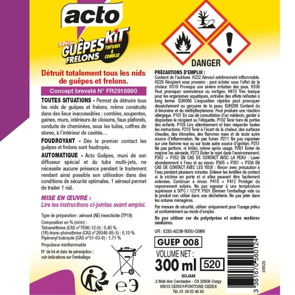 Kit aérosol toitures et combles nids de guêpes/frelons 300ml