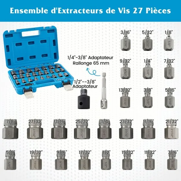 Kit de 27 PCS Extracteur de Vis et Boulons à Double Tête Entraînement 3/8 " Extracteur à Tête Hexagonale et Multi-Cannelures Bleu/Orange