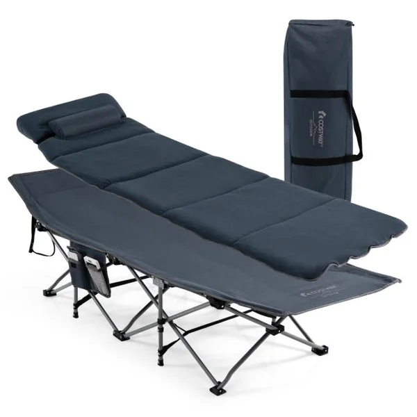 Lit de Camping Pliable 65 x 185 CM avec Matelas et Oreiller Amovibles Lit d'Appoint pour Camping/Randonnée Bleu/Gris