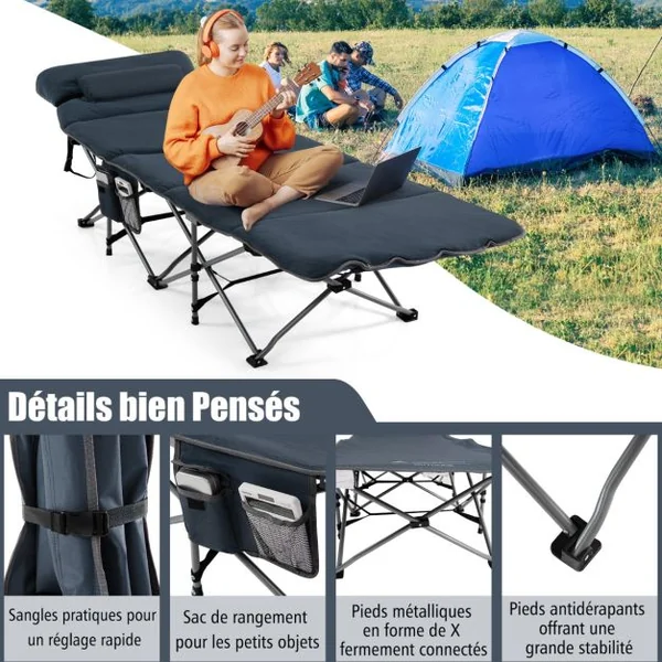 Lit de Camping Pliable 65 x 185 CM avec Matelas et Oreiller Amovibles Lit d'Appoint pour Camping/Randonnée Bleu/Gris