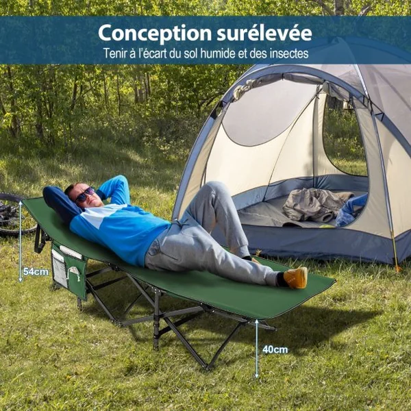 Lit de Camping Pliable Charge Jusqu'à 400 kg Lit de Voyage à Pliage Rapide avec Sac de Transport Lit de Couchage Intérieur et Extérieur Gris/Bleu/Vert