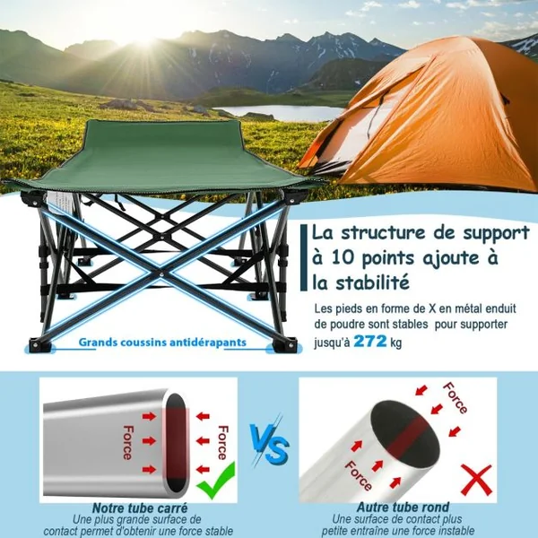 Lit de Camping Pliable Charge Jusqu'à 400 kg Lit de Voyage à Pliage Rapide avec Sac de Transport Lit de Couchage Intérieur et Extérieur Gris/Bleu/Vert