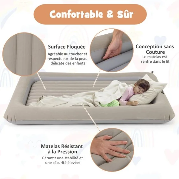Lit de Voyage Gonflable Matelas Pneumatique Portable pour Enfants Pompe Electrique Rebords de Lit Surélevés Matelas Double Face Gris/Bleu
