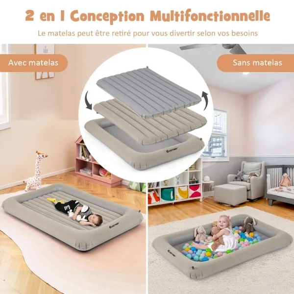 Lit de Voyage Gonflable Matelas Pneumatique Portable pour Enfants Pompe Electrique Rebords de Lit Surélevés Matelas Double Face Gris/Bleu