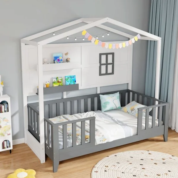 Lit en Forme de Maison en Bois pour Enfants avec Fenêtre 2 Etagères et Garde-Corps Lit de Jeu à Lattes Lit 1 Place Blanc et Gris