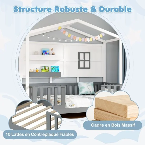 Lit en Forme de Maison en Bois pour Enfants avec Fenêtre 2 Etagères et Garde-Corps Lit de Jeu à Lattes Lit 1 Place Blanc et Gris
