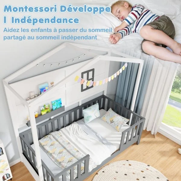 Lit en Forme de Maison en Bois pour Enfants avec Fenêtre 2 Etagères et Garde-Corps Lit de Jeu à Lattes Lit 1 Place Blanc et Gris