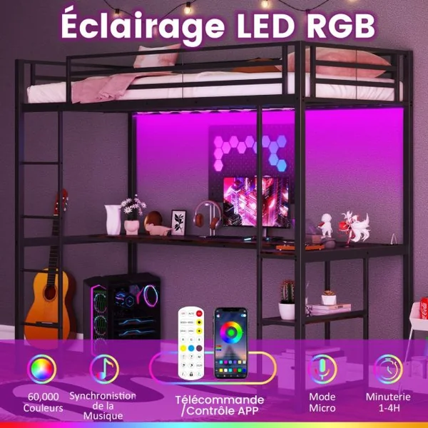 Lit Mezzanine 200 x 90 cm avec Bureau Lit Surélevé avec LED Station de Charge et Rangement & Garde-corps de Sécurité et Échelle Noir/Argent