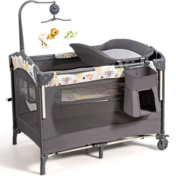 Lit Parapluie Bébé 4 en 1 Berceau Détaché Table à Langer avec Matelas, Boîte à Musique et 2 Jouets Suspendu 0-36 Mois Gris/Rose/Noir