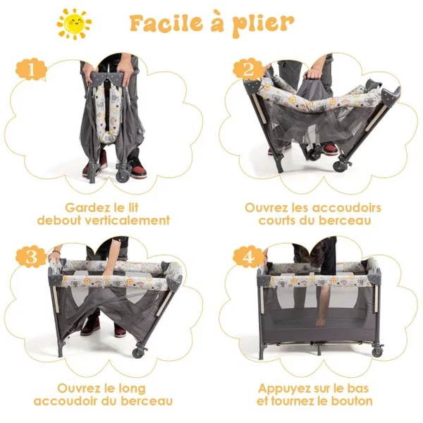 Lit Parapluie Bébé 4 en 1 Berceau Détaché Table à Langer avec Matelas, Boîte à Musique et 2 Jouets Suspendu 0-36 Mois Gris/Rose/Noir