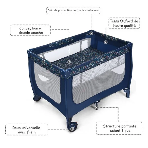 Lit Parapluie pour bébé avec Matelas roulettes Sac de transport Parc Bébé 0-36 Mois Charge Max : 15KG Bleu/Gris