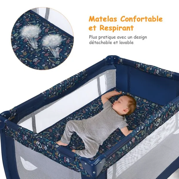 Lit Parapluie pour bébé avec Matelas roulettes Sac de transport Parc Bébé 0-36 Mois Charge Max : 15KG Bleu/Gris