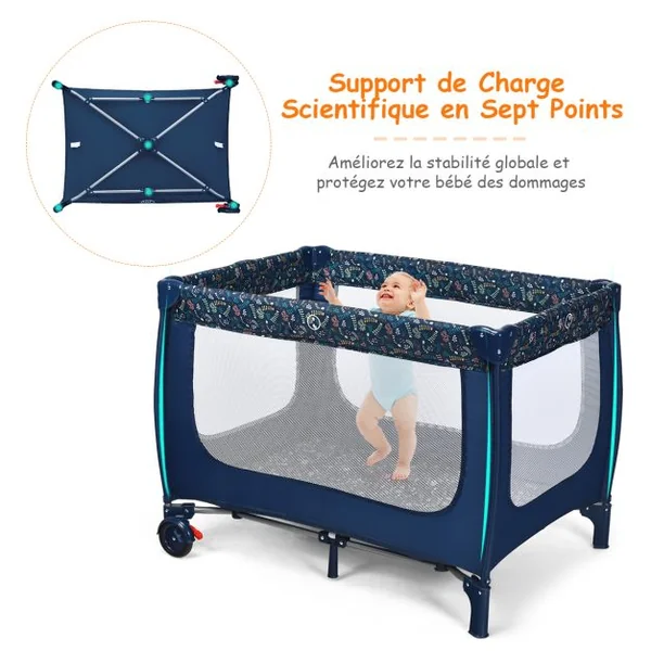 Lit Parapluie pour bébé avec Matelas roulettes Sac de transport Parc Bébé 0-36 Mois Charge Max : 15KG Bleu/Gris