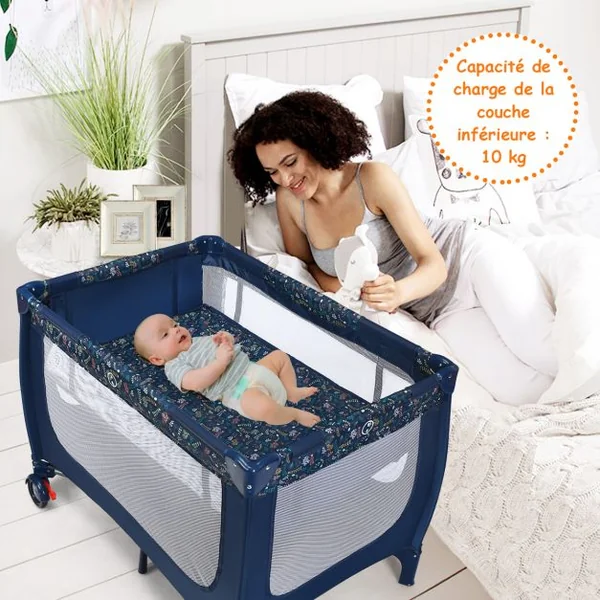 Lit Parapluie pour bébé avec Matelas roulettes Sac de transport Parc Bébé 0-36 Mois Charge Max : 15KG Bleu/Gris