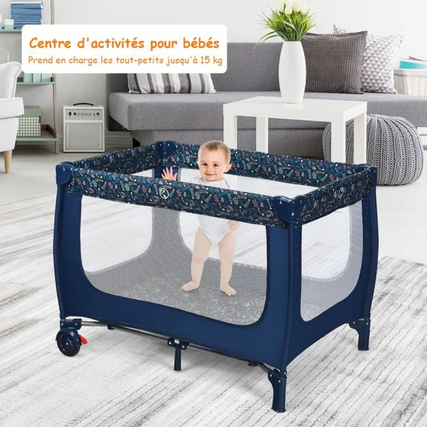 Lit Parapluie pour bébé avec Matelas roulettes Sac de transport Parc Bébé 0-36 Mois Charge Max : 15KG Bleu/Gris