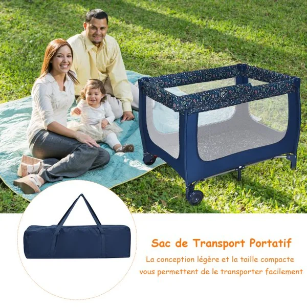 Lit Parapluie pour bébé avec Matelas roulettes Sac de transport Parc Bébé 0-36 Mois Charge Max : 15KG Bleu/Gris