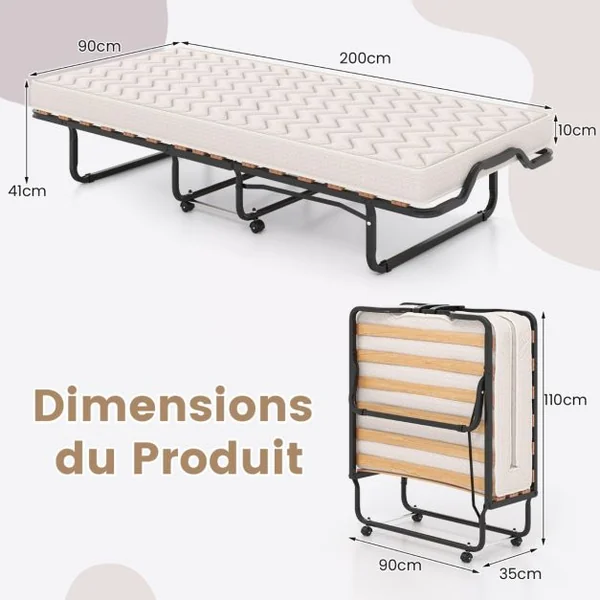 Lit Pliable 90 x 200 cm Lit d'Oappoint avec Matelas en Mousse à Mémoire de Forme & Fibre Hypoallergénique Fabriqué en Italie