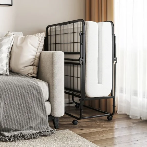 Lit Pliant 190x90cm avec Matelas Lit d'Appoint Simple avec Mousse à Mémoire de Forme Cadre en Métal Lit d'Appoint à Roulettes Verrouillables