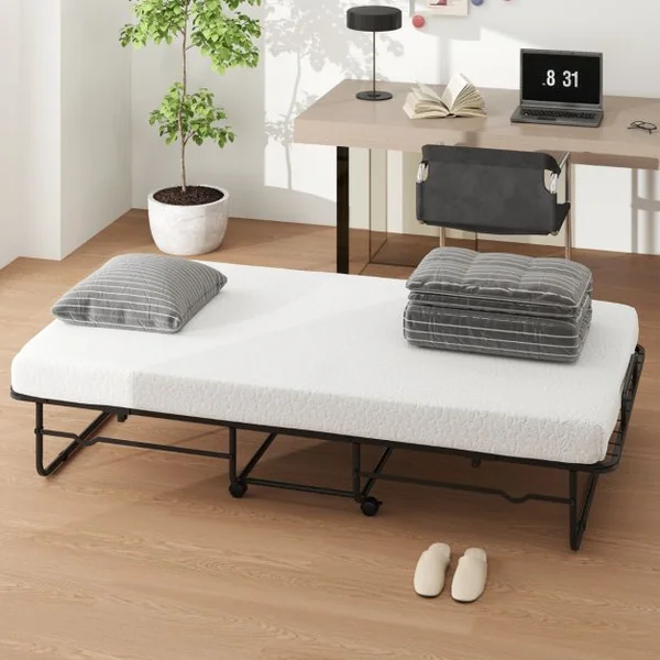Lit Pliant 190x90cm avec Matelas Lit d'Appoint Simple avec Mousse à Mémoire de Forme Cadre en Métal Lit d'Appoint à Roulettes Verrouillables