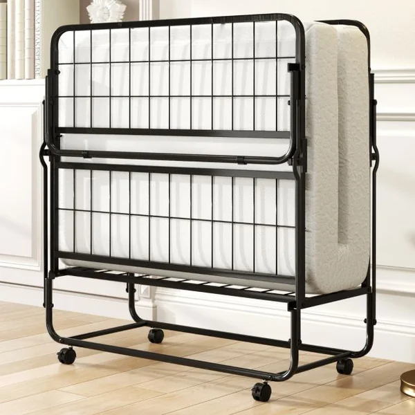 Lit Pliant 190x90cm avec Matelas Lit d'Appoint Simple avec Mousse à Mémoire de Forme Cadre en Métal Lit d'Appoint à Roulettes Verrouillables