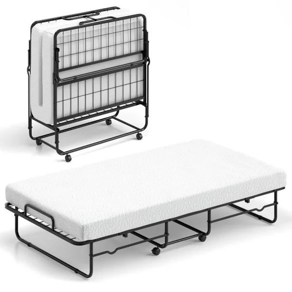 Lit Pliant 190x90cm avec Matelas Lit d'Appoint Simple avec Mousse à Mémoire de Forme Cadre en Métal Lit d'Appoint à Roulettes Verrouillables