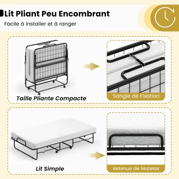 Lit Pliant 190x90cm avec Matelas Lit d'Appoint Simple avec Mousse à Mémoire de Forme Cadre en Métal Lit d'Appoint à Roulettes Verrouillables