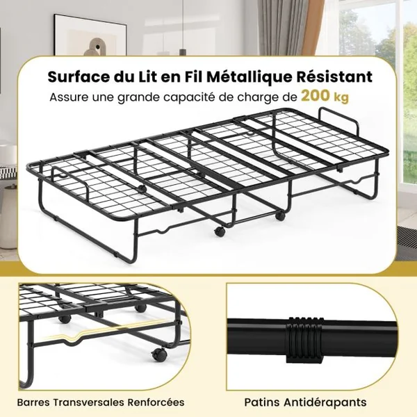 Lit Pliant 190x90cm avec Matelas Lit d'Appoint Simple avec Mousse à Mémoire de Forme Cadre en Métal Lit d'Appoint à Roulettes Verrouillables