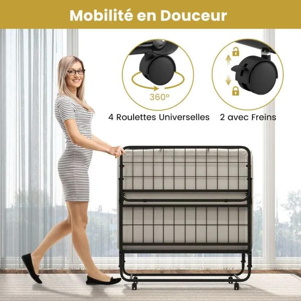 Lit Pliant 190x90cm avec Matelas Lit d'Appoint Simple avec Mousse à Mémoire de Forme Cadre en Métal Lit d'Appoint à Roulettes Verrouillables