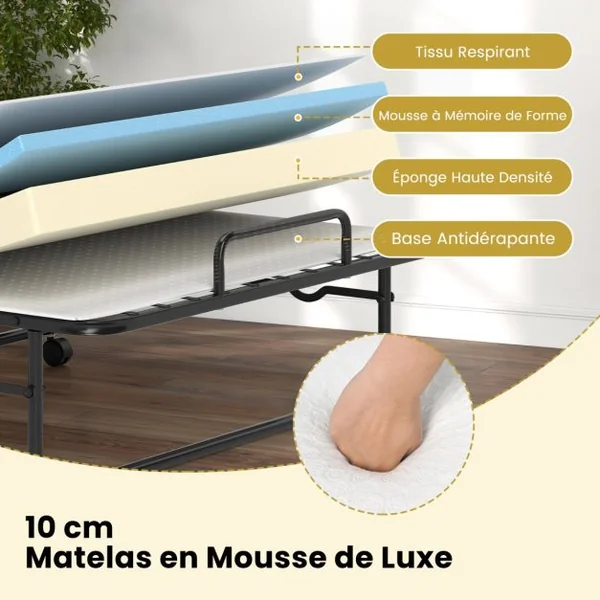 Lit Pliant 190x90cm avec Matelas Lit d'Appoint Simple avec Mousse à Mémoire de Forme Cadre en Métal Lit d'Appoint à Roulettes Verrouillables