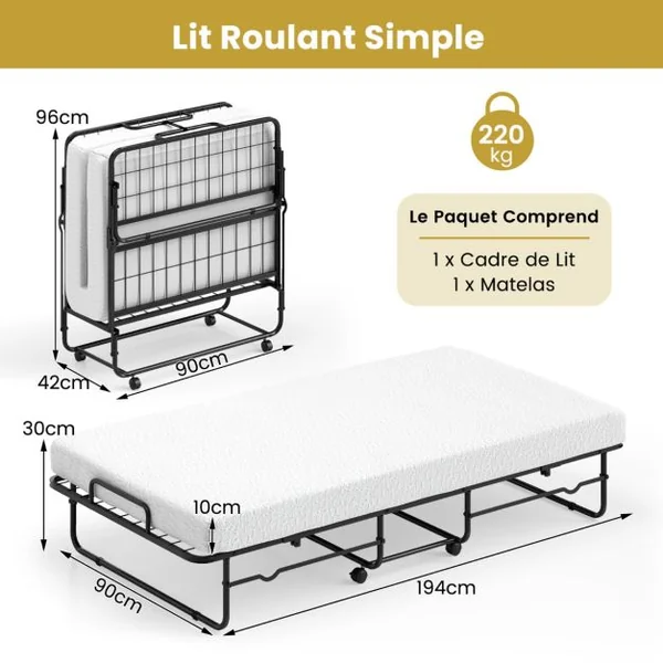 Lit Pliant 190x90cm avec Matelas Lit d'Appoint Simple avec Mousse à Mémoire de Forme Cadre en Métal Lit d'Appoint à Roulettes Verrouillables