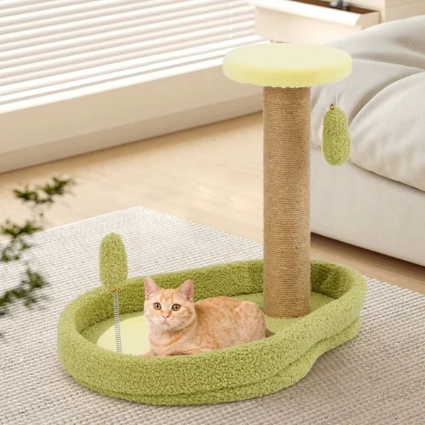 Lit pour Chat sur le Thème de l'avocat avec Perchoir Rond Rembourré Jouet à Ressort Poteaux à Gratter en Jute Large Base Antidérapante Vert