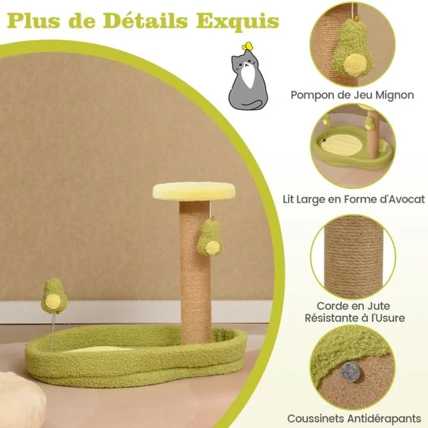Lit pour Chat sur le Thème de l'avocat avec Perchoir Rond Rembourré Jouet à Ressort Poteaux à Gratter en Jute Large Base Antidérapante Vert