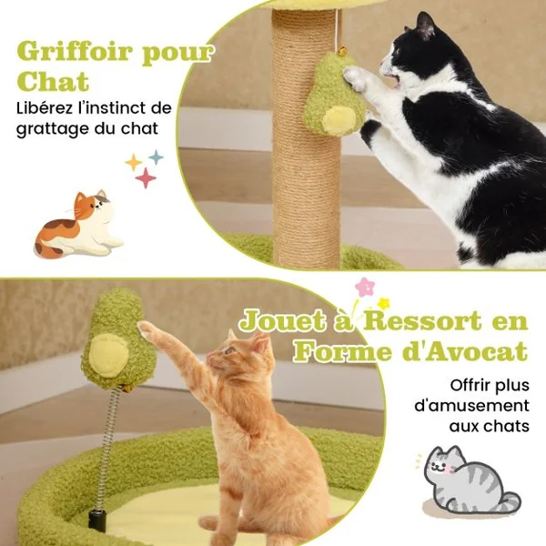 Lit pour Chat sur le Thème de l'avocat avec Perchoir Rond Rembourré Jouet à Ressort Poteaux à Gratter en Jute Large Base Antidérapante Vert