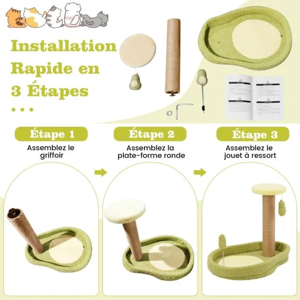 Lit pour Chat sur le Thème de l'avocat avec Perchoir Rond Rembourré Jouet à Ressort Poteaux à Gratter en Jute Large Base Antidérapante Vert