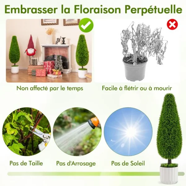 Lot de 2 Arbres Arbustes de Cèdre Artificiel 90cm en Forme de Larme Fausse Plante Topiaire en Pot en Plastique avec Ciment Fausses Vert