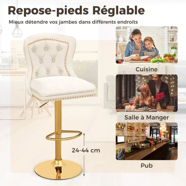 Lot de 2 Chaises de Bar en Velours Hollandais Repose-pieds Base en Métal Galvanisé Anneau Antidérapant Chaise Pivotante Réglable Gris