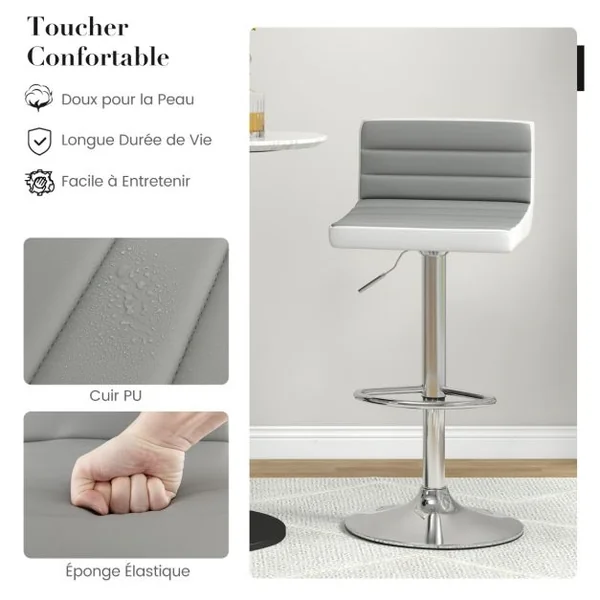 Lot de 2 Chaises de Bar Pivotantes Réglables avec Base en Métal Antidérapant et Repose-pieds Tabourets en Cuir PU Gris Et Blanc