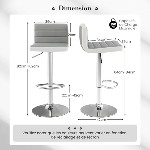 Lot de 2 Chaises de Bar Pivotantes Réglables avec Base en Métal Antidérapant et Repose-pieds Tabourets en Cuir PU Gris Et Blanc