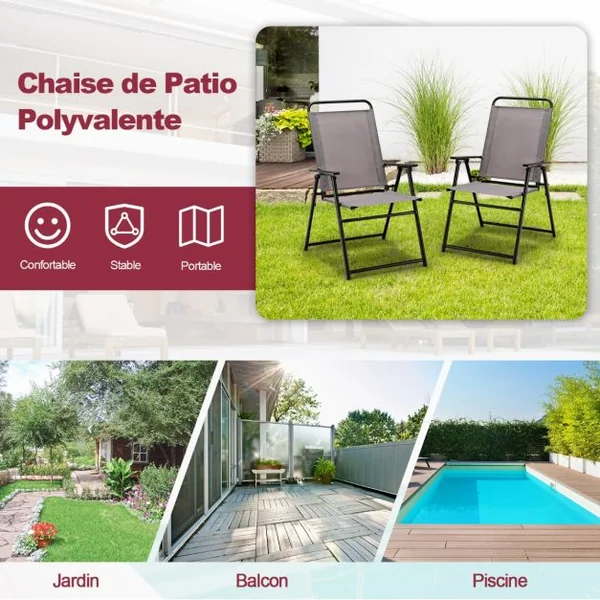 Lot de 2 Chaises de Jardin avec Cadre Métallique Chaises Pliantes en Tissu 2 Pièces avec Dossier Haut & Accoudoirs Noir