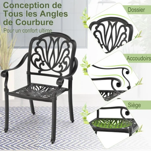 Lot de 2 Chaises de Jardin en Aluminium Coulé Fauteuil de Jardin Empilable avec Pieds Réglables Siège Incurvé Charge 165KG Noir