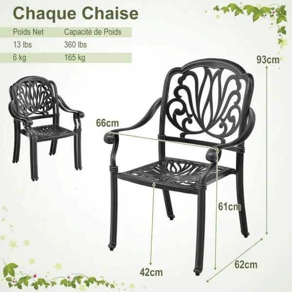 Lot de 2 Chaises de Jardin en Aluminium Coulé Fauteuil de Jardin Empilable avec Pieds Réglables Siège Incurvé Charge 165KG Noir