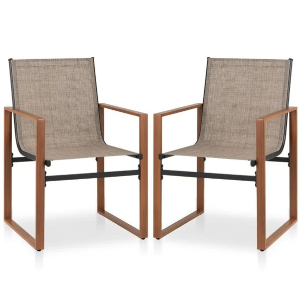 Lot de 2 Chaises de Salle à Manger Chaise de Patio Siège et Dossier Respirants Accoudoirs Larges Cadre en Métal Chaise en Tissu Marron/Noir