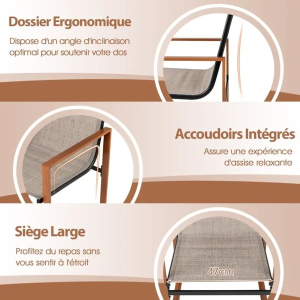 Lot de 2 Chaises de Salle à Manger Chaise de Patio Siège et Dossier Respirants Accoudoirs Larges Cadre en Métal Chaise en Tissu Marron/Noir