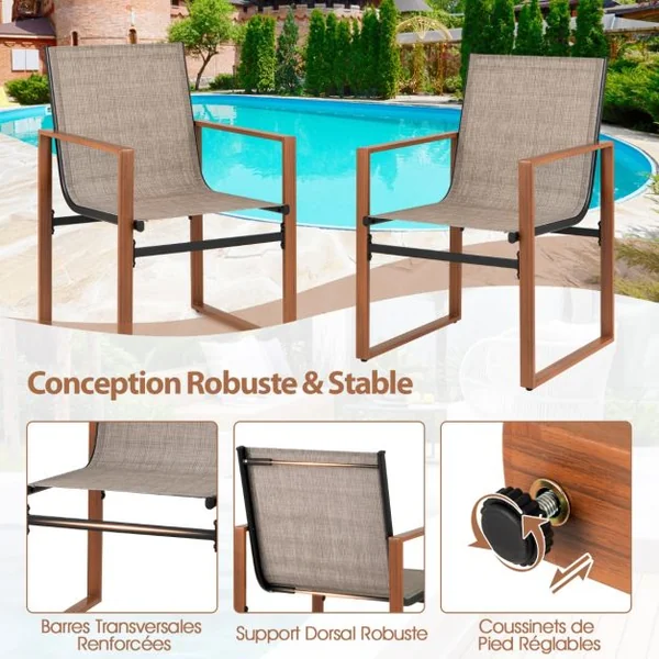 Lot de 2 Chaises de Salle à Manger Chaise de Patio Siège et Dossier Respirants Accoudoirs Larges Cadre en Métal Chaise en Tissu Marron/Noir