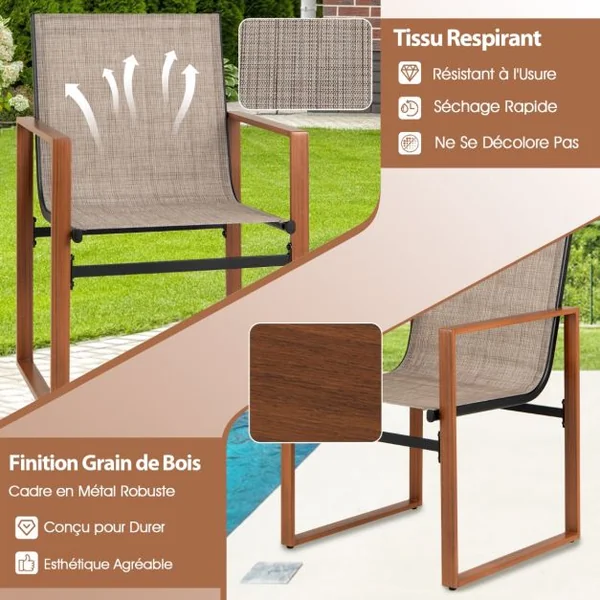 Lot de 2 Chaises de Salle à Manger Chaise de Patio Siège et Dossier Respirants Accoudoirs Larges Cadre en Métal Chaise en Tissu Marron/Noir