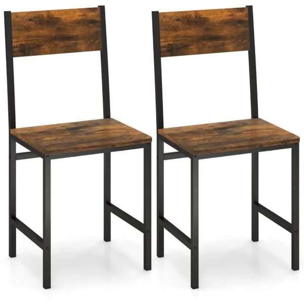 Lot de 2 Chaises de Salle à Manger Pieds en Métal Dossier Incliné Grain de Bois Rustique Chaises Sans Accoudoirs Marron Rustique